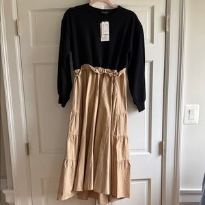 Reve Bleu Black and Beige Tiered Drawstring Waist Dress